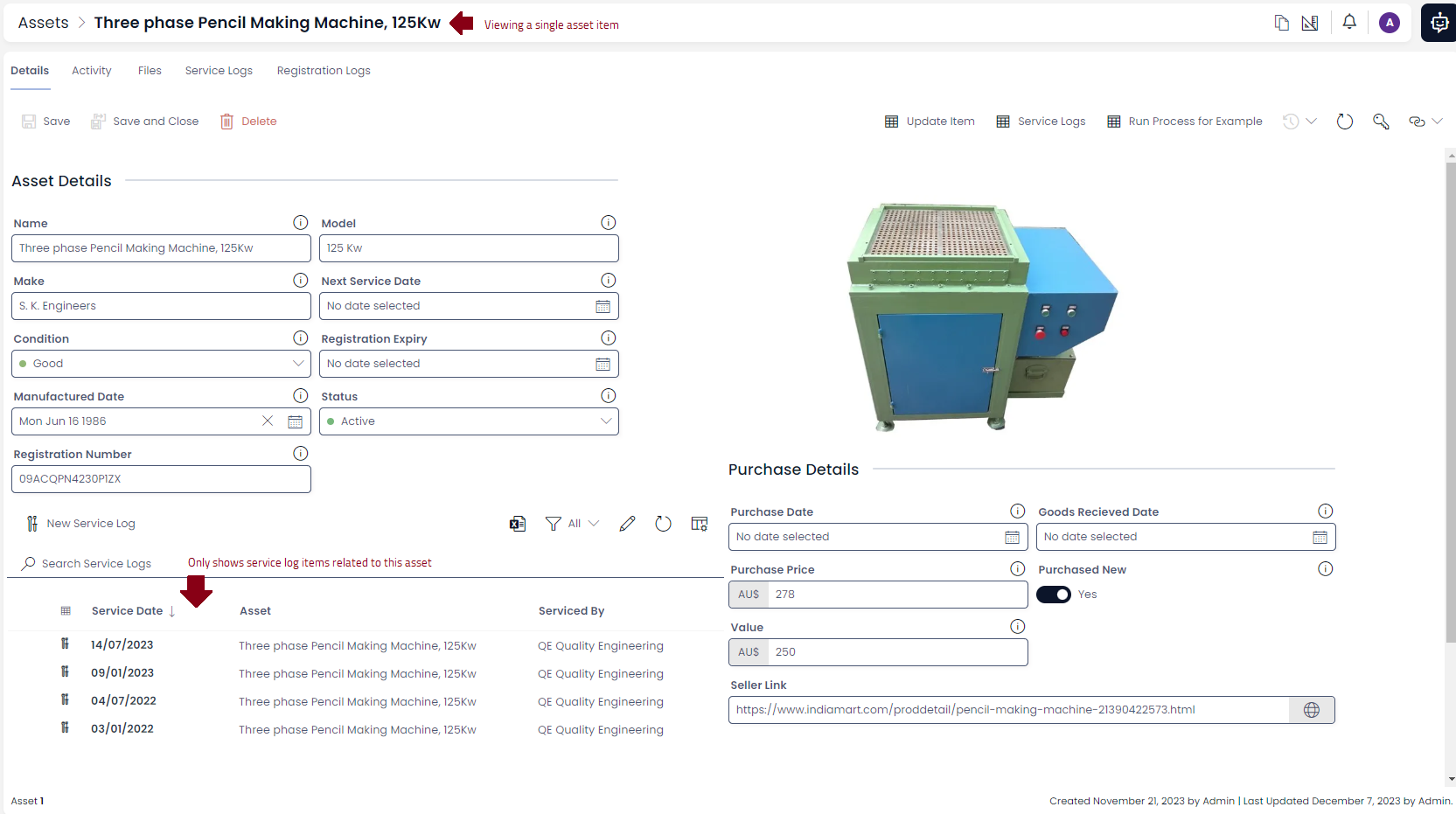 Data table of service logs presented on an asset details page showing only related logs